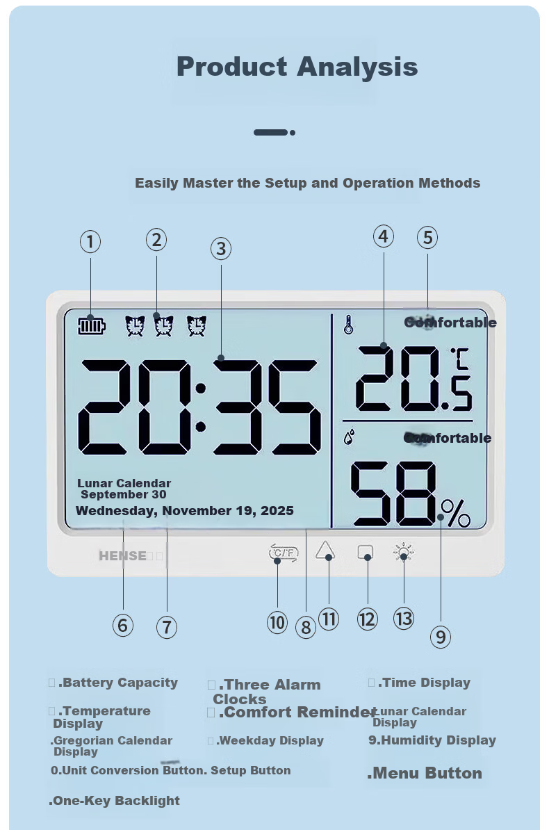 Hense Temperature And Humidity Magnetic Electronic Clock, Living Room Kitchen Timepiece, Desktop Digital Display Screen, Student-Specific Wake-Up Device, HAMY12 Rechargeable Model 16