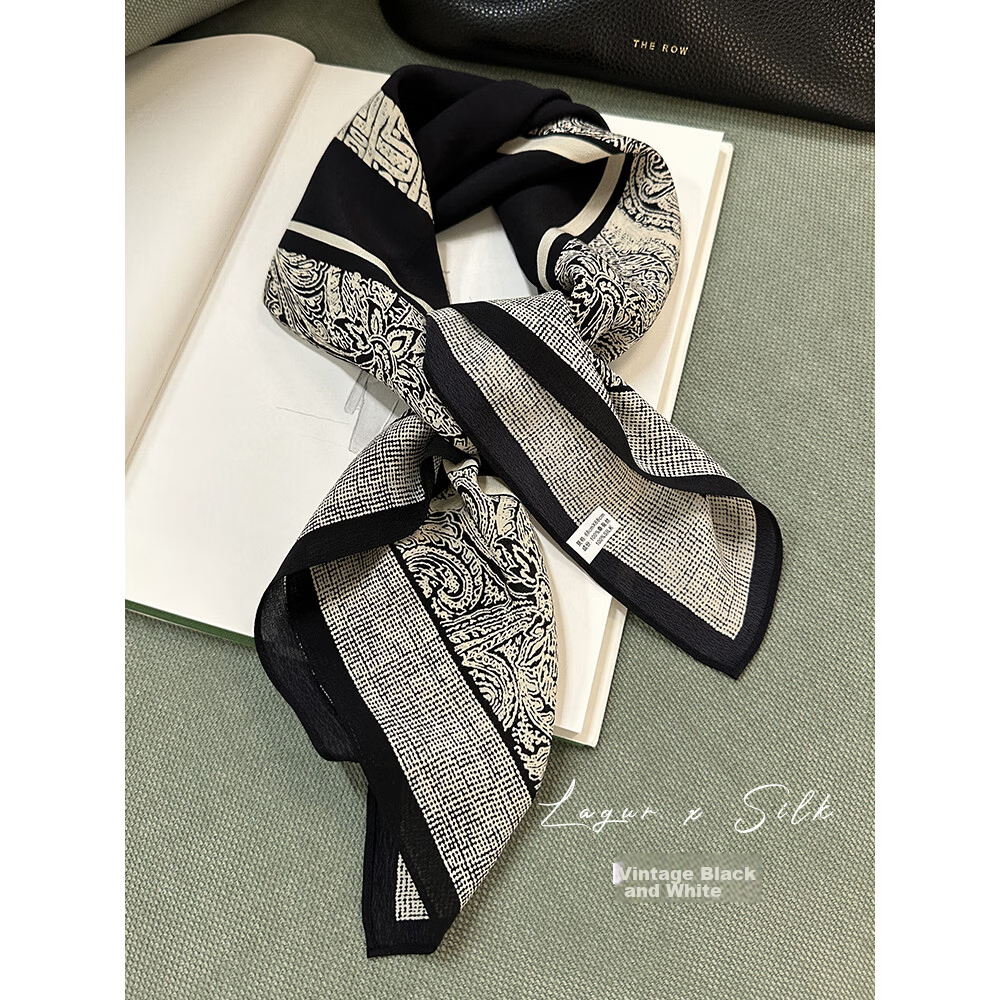 Lagur French Vintage Classic High-End Black and White 100% Mulberry Silk Square Scarf Versatile Neck Scarf for Women