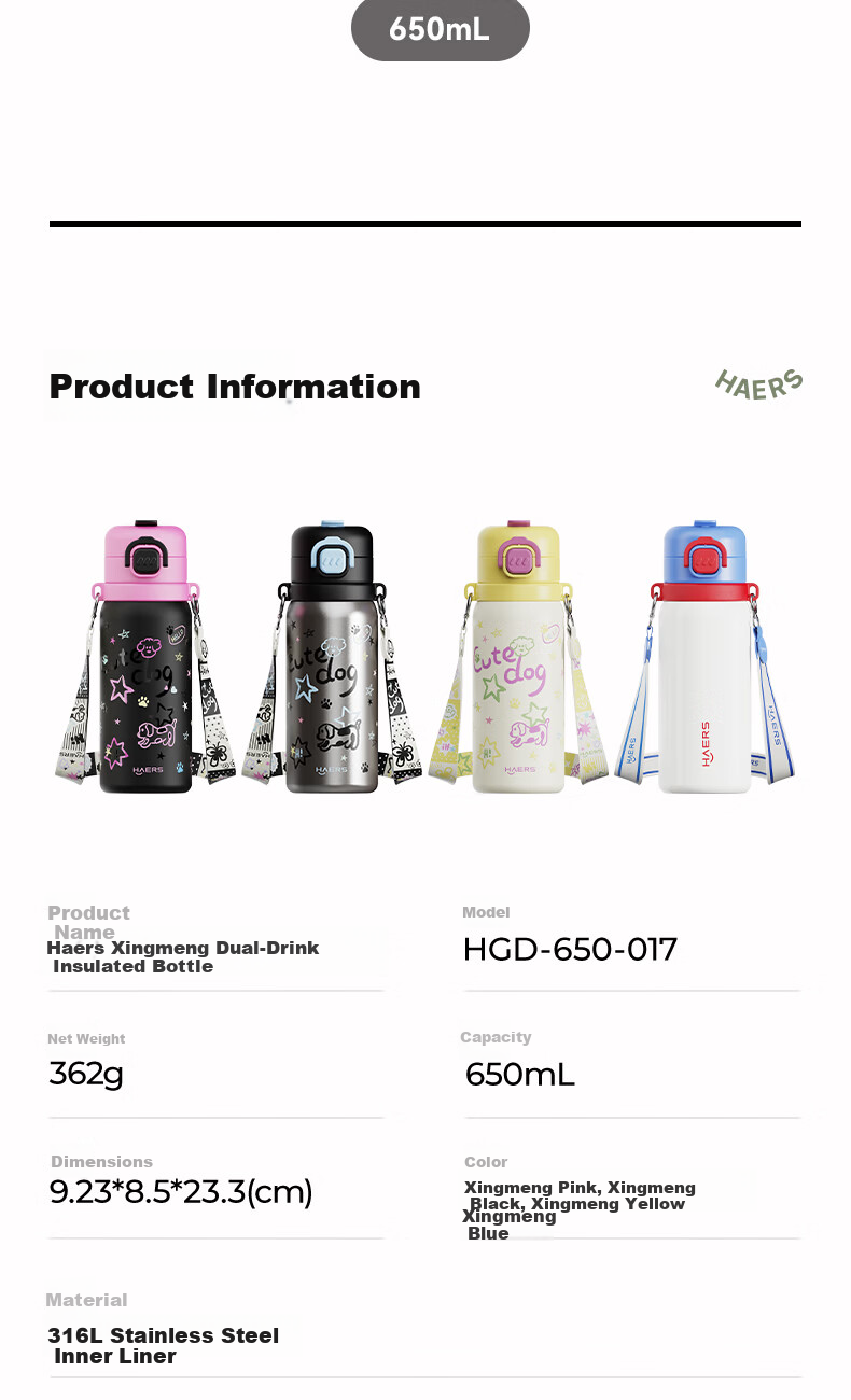 HAERS Insulated Straw Cup Children's Direct Drinking Dual-Use 316L Large Capacity Student Water Bottle for Ages 6-12 School Use 10