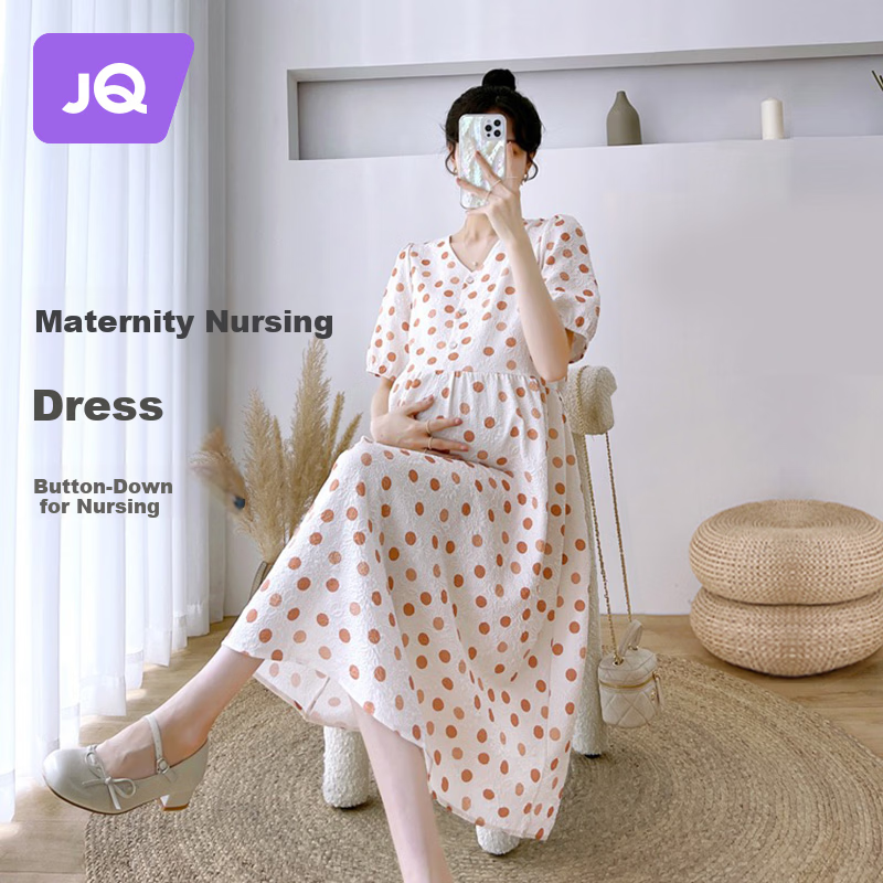JOYNCLEON Maternity Summer Dress Thin Large Size Loose Polka Dot Floral Long Dress Orange M Jly157192