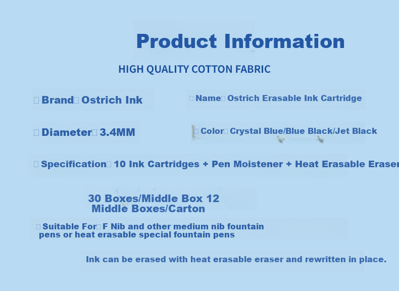 Ostrich Heat-Erase Thermal Ink Cartridge Fountain Pen Refill Compatible with Parker, Hero, Deli, M&G 3.4mm Ink Cartridges Crystal Blue Erasable Ink Cartridge Box Set (10+2) 8