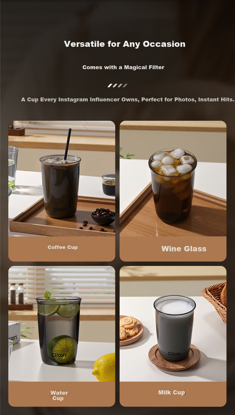 CLITON Smoke Gray Glass Coffee Cup Iced Americano Latte Cup Cold Drink Transparent Glass Water Cup Beverage Tea Cup 7