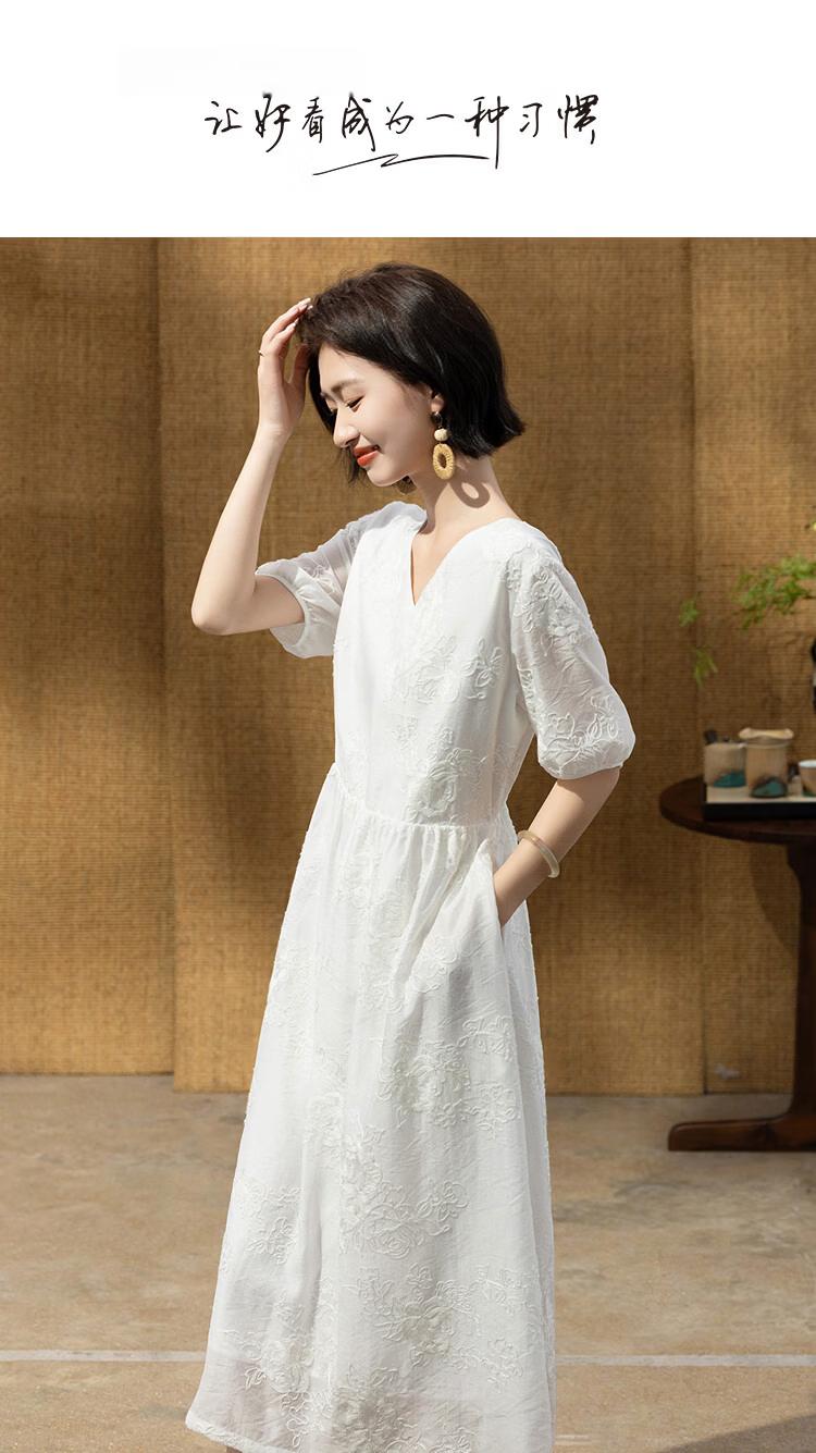Demana Gentle Commuting Summer Lady Style Round Neck Mid Sleeve Embroidered Loose A-Line Slim Dress Women Premium Feel 1