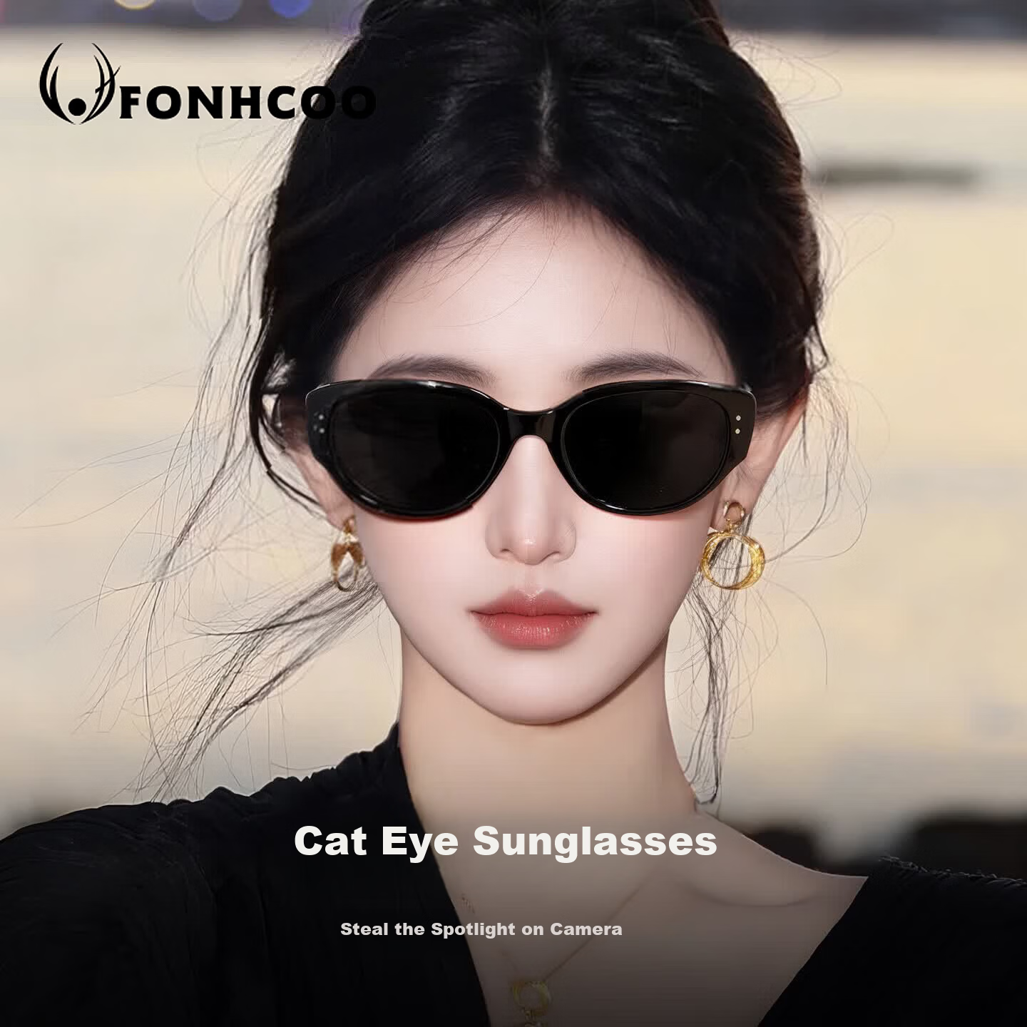 FONHCOO Cat Eye Sunglasses for Women 2026 New High-End Square-Round Face Slimming UV Protection Beach Sunglasses