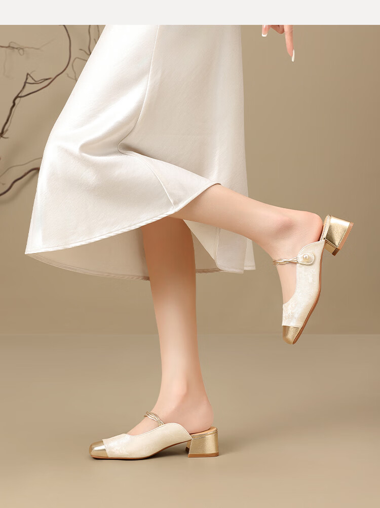 ZHR Women's Flats 2026 Spring New Qipao Style Chunky High Heel Mary Jane Shoes EH306 Champagne Size 38 35