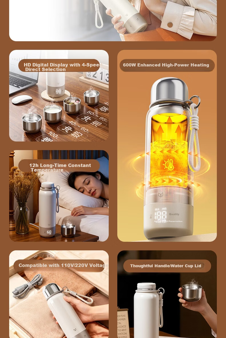 Deli Portable Electric Heating Water Cup 550ml Large Capacity Insulated Kettle Travel Vacuum Insulated Smart Constant Temperature 316L Stainless Steel Inner Liner 3