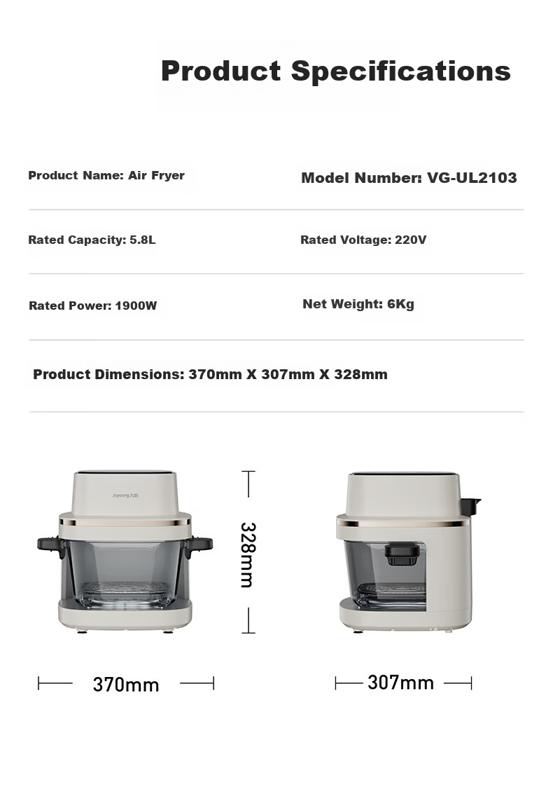 Joyoung Air Fryer, 2026 New Space Capsule Design, All-Glass, Zero Coating, Stainless Steel, Visible Touchscreen, No Flipping Required, 5.8L Capacity, Multi-Functional Home Use [Same Model As Used in Food Competitions] 23
