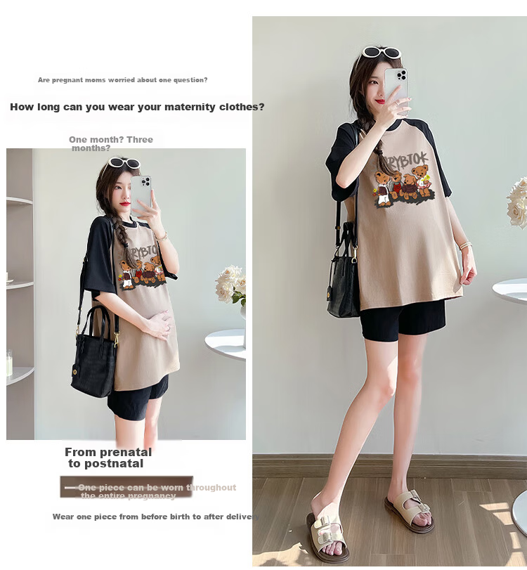 JOYNCLEON Maternity Summer Thin Loose Raglan Sleeve Printed T-Shirt and Versatile Shorts Set White L Jtz158115 6