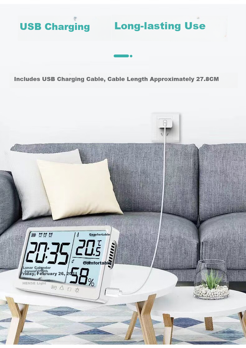 Hense Temperature And Humidity Magnetic Electronic Clock, Living Room Kitchen Timepiece, Desktop Digital Display Screen, Student-Specific Wake-Up Device, HAMY12 Rechargeable Model 14