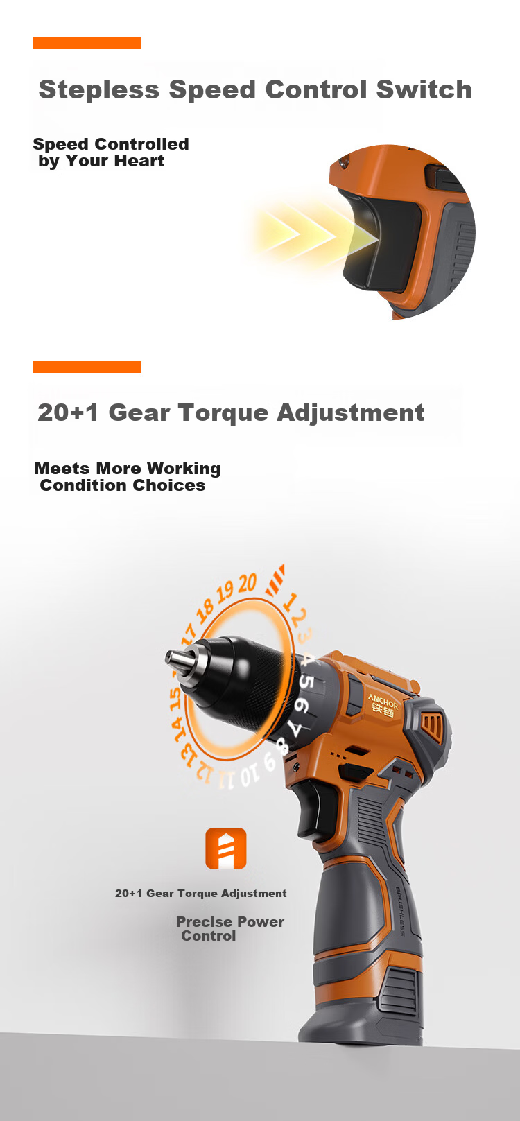 ANCHOR 16.8V Brushless Cordless Drill Lithium Electric Screwdriver DCE8 55Nm Dual Battery 2.0Ah Plastic Case 8