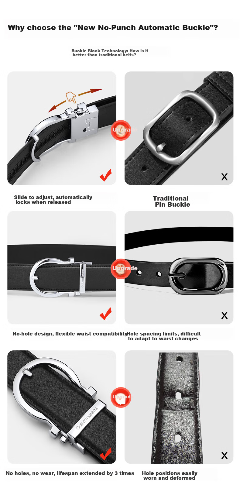 Calermkeens Men's Leather Belt New No-Hole Automatic Buckle Genuine Cowhide Waistband Practical Father's Day Gift for Dad 8