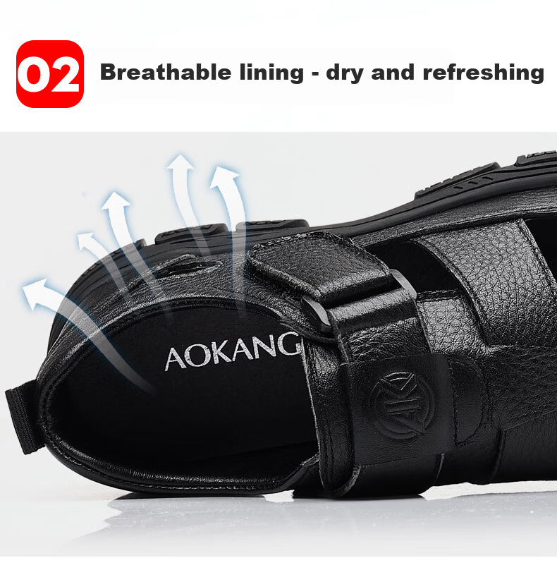 Aokang Father's Day Summer Perforated Shoes Men's Casual Leather Shoes Business Commute Hollow Leather Sandals Men's Black Size 44 8