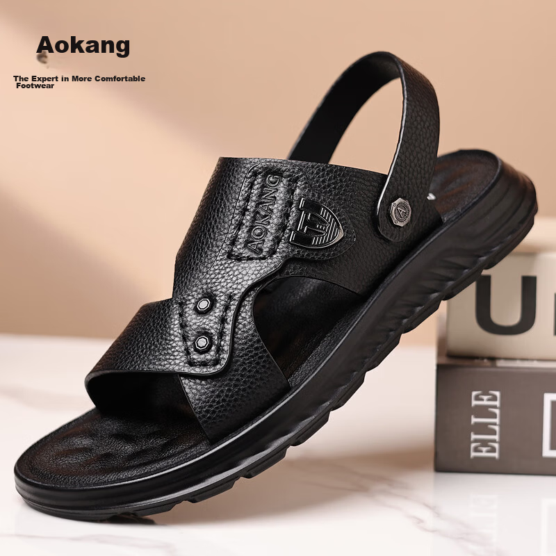 Aokang Father's Day Sandals for Men, Cowhide Leather, Summer Soft-Soled Casual Beach Shoes, Versatile Trendy Two-Way Slippers, Black, Size 38