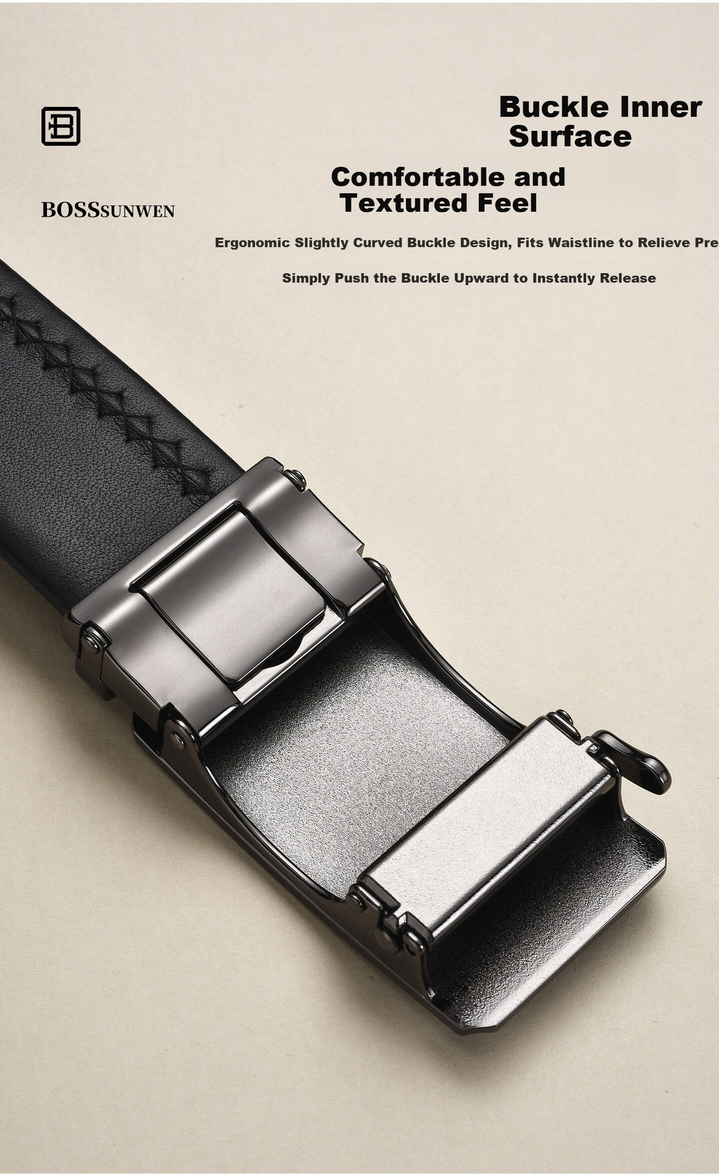 BOSSSUNWEN Men's Genuine Leather Belt Automatic Buckle Gift for Husband and Dad with Wooden Gift Box 15