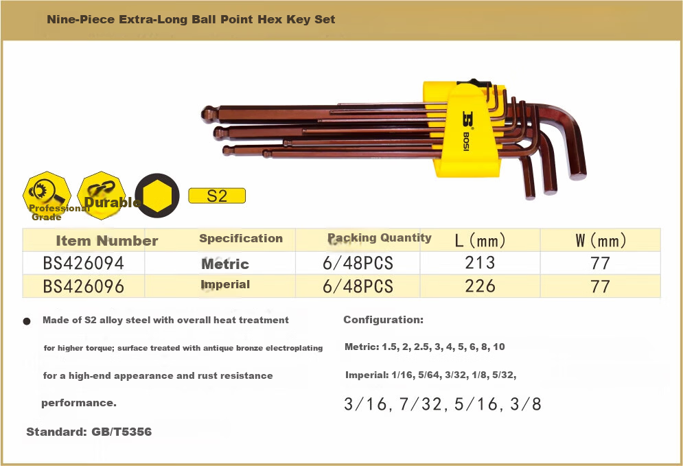 BOSI Imperial Long Ball End Hex Key Wrench Screwdriver Hexagon Wrench 9-Piece Set BS426095 2