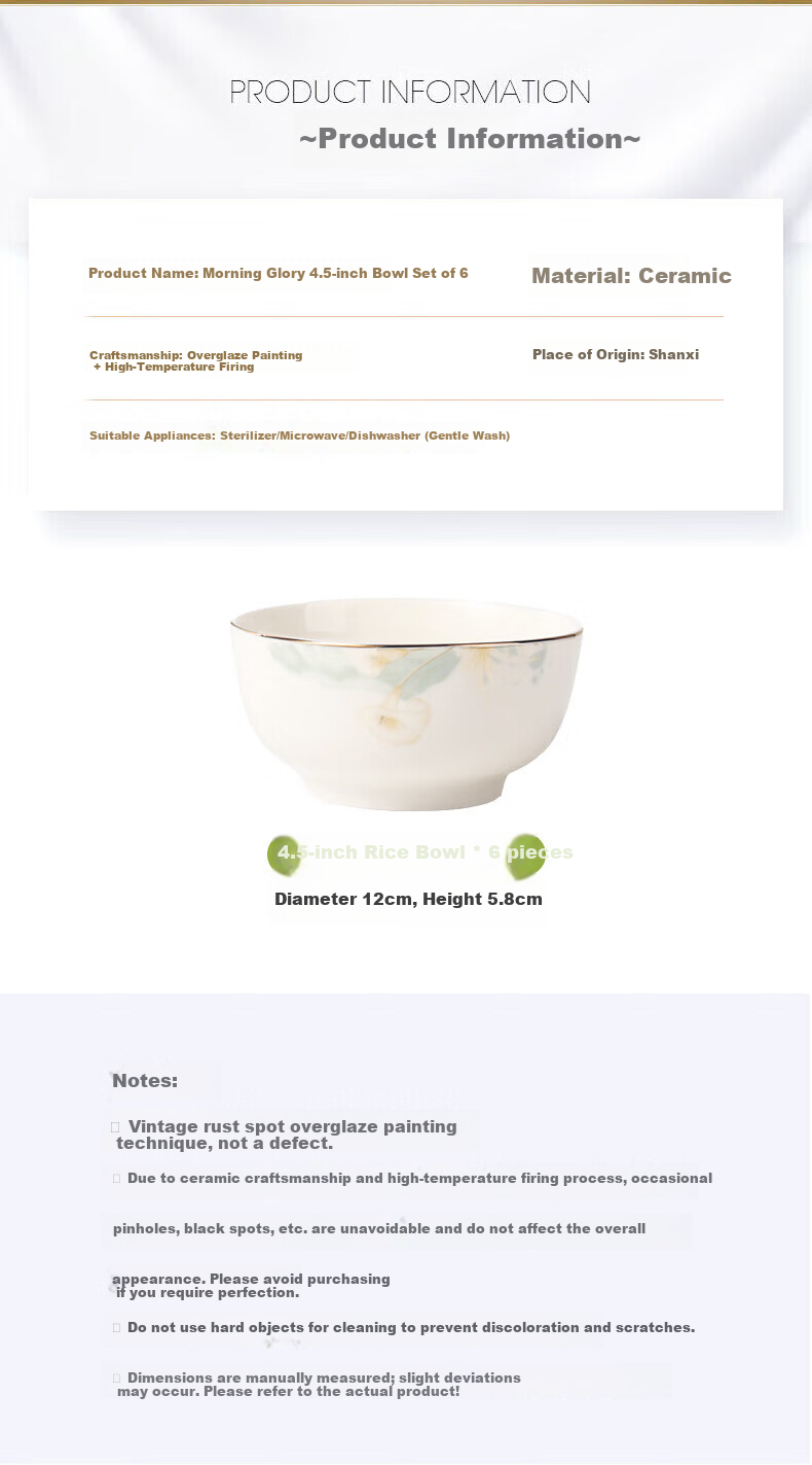 Jieyajie Ceramic Bowl 4.5 Inch High-Temperature Fired Premium Luxury Home Dining Bowl Set 6 Pieces Morning Glory 2
