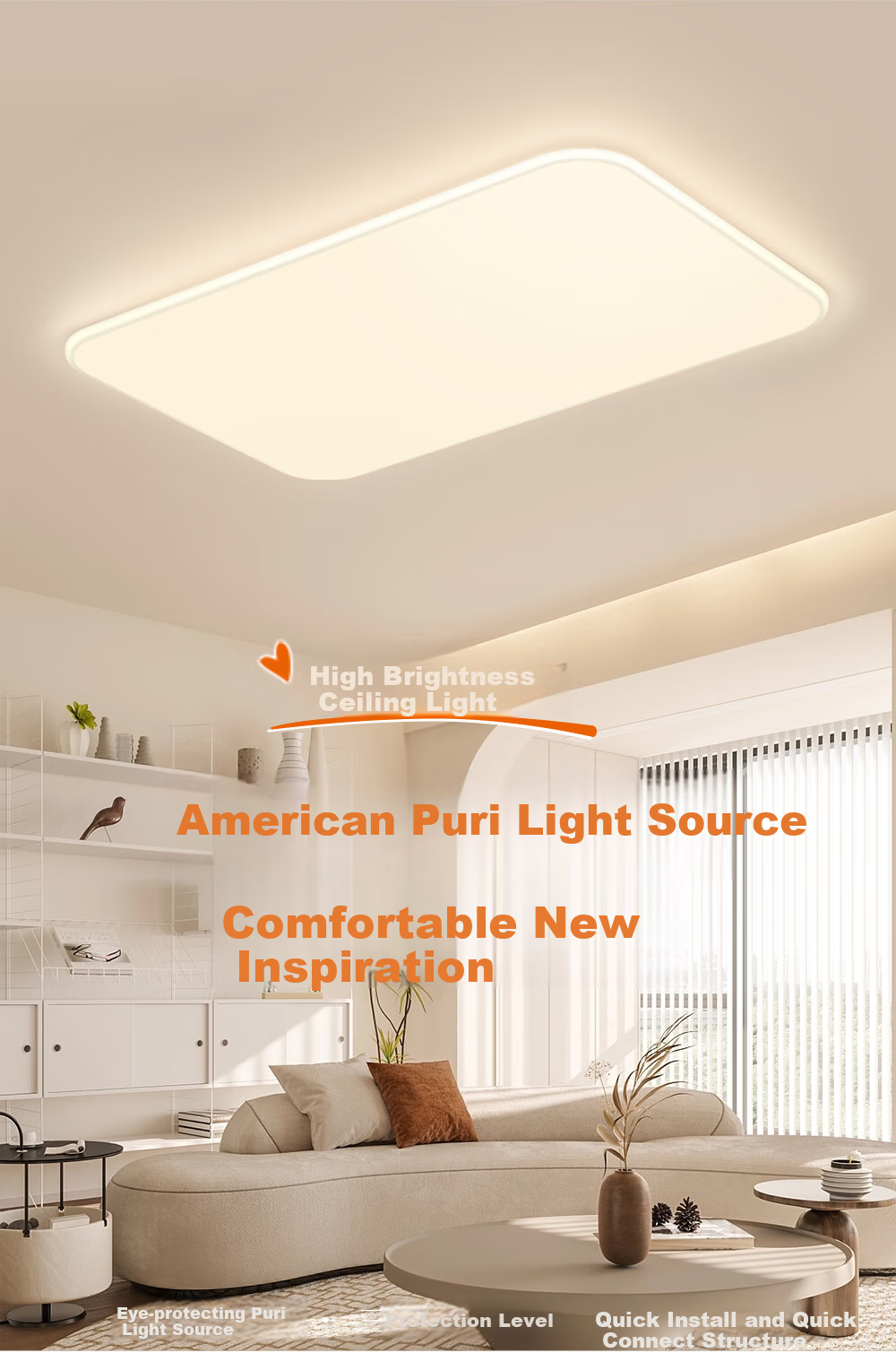 Kuka LED Ceiling Light Eye Protection Integrated Quick Install Living Room Bedroom Lamp 48cm Square Three Colors [Installation Included] 1