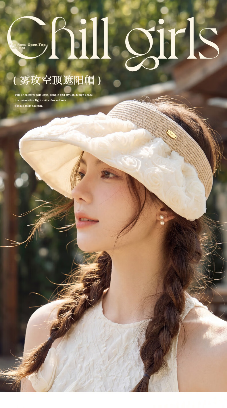 CACUSS Large Brim Shell Open-Top Hat for Women Summer Outdoor Face-Slimming Sun Hat Vacation Style White 1