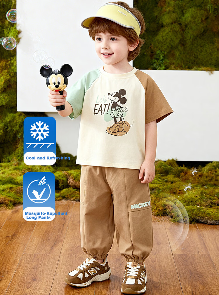 Disney Boys Casual Sports Cartoon Comfortable Cooling Short Sleeve Mosquito-Repellent Pants Set Summer New Light Khaki 110 2