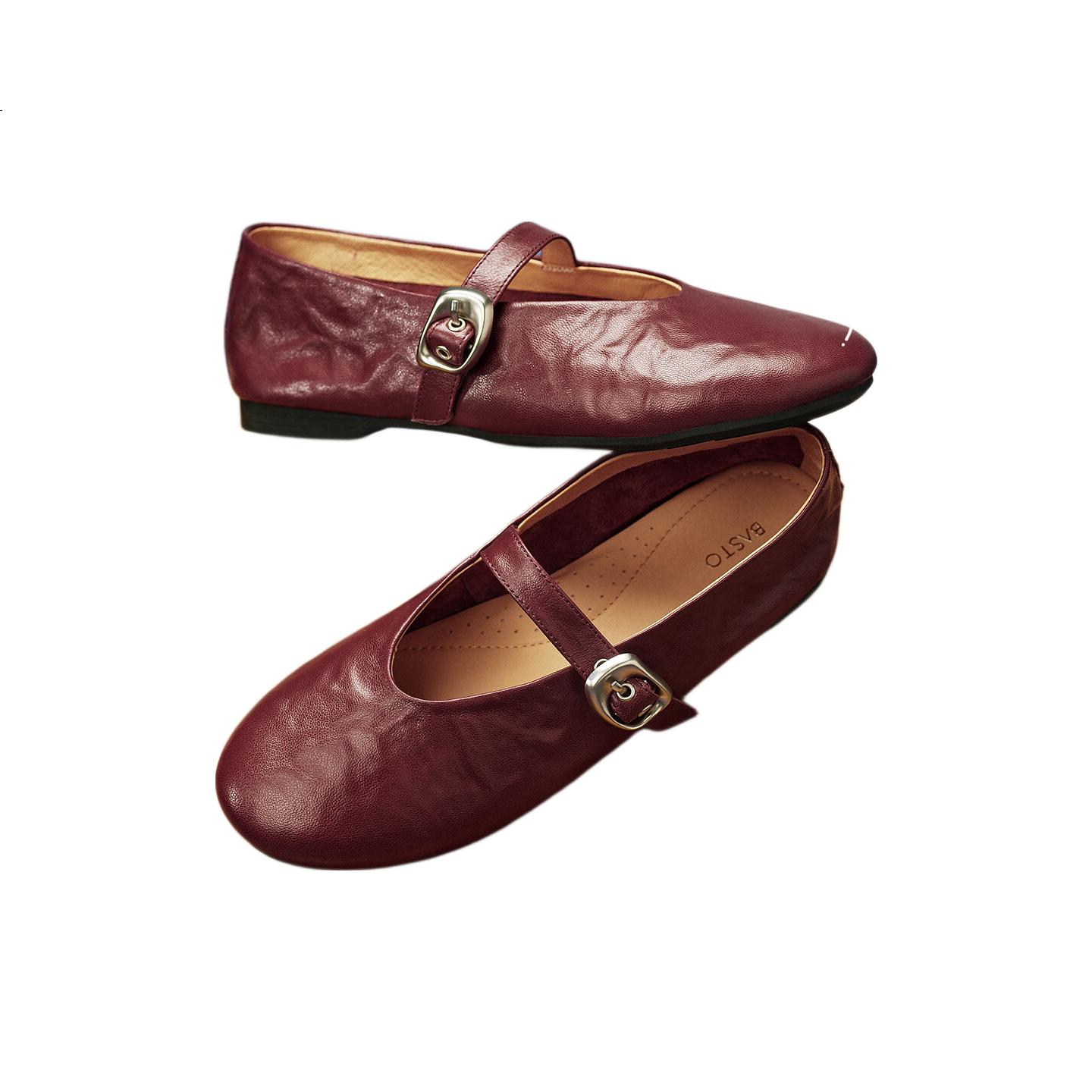 BASTO 25 Autumn Ultra-Soft Lambskin Mary Jane Shoes Red Flat Shallow Ballet Flats CX971CQ5 Wine Red Size 37