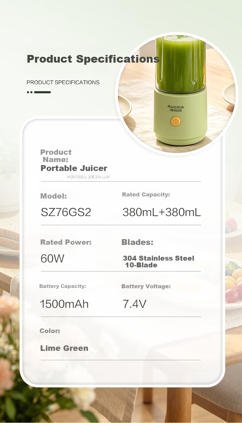 AUCMA New Dual-Cup Juicer Large Capacity Portable Juicer Fruit and Vegetable Juice Maker Household 380ml Baby Food Blender Easy to Clean SZ76GS2 15