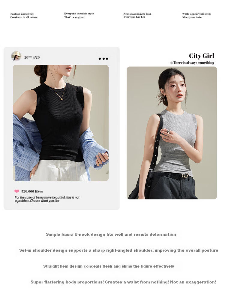 Langsha Women's New Slim Fit Ribbed High Neck Sleeveless Top Korean Style Fashionable Gray 4