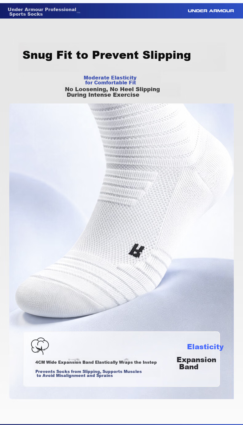 Under Armour (3 Pairs) Basketball Socks Mid-Calf All-Season Sweat-Absorbing Durable Breathable Odor-Resistant White Sports Socks 14