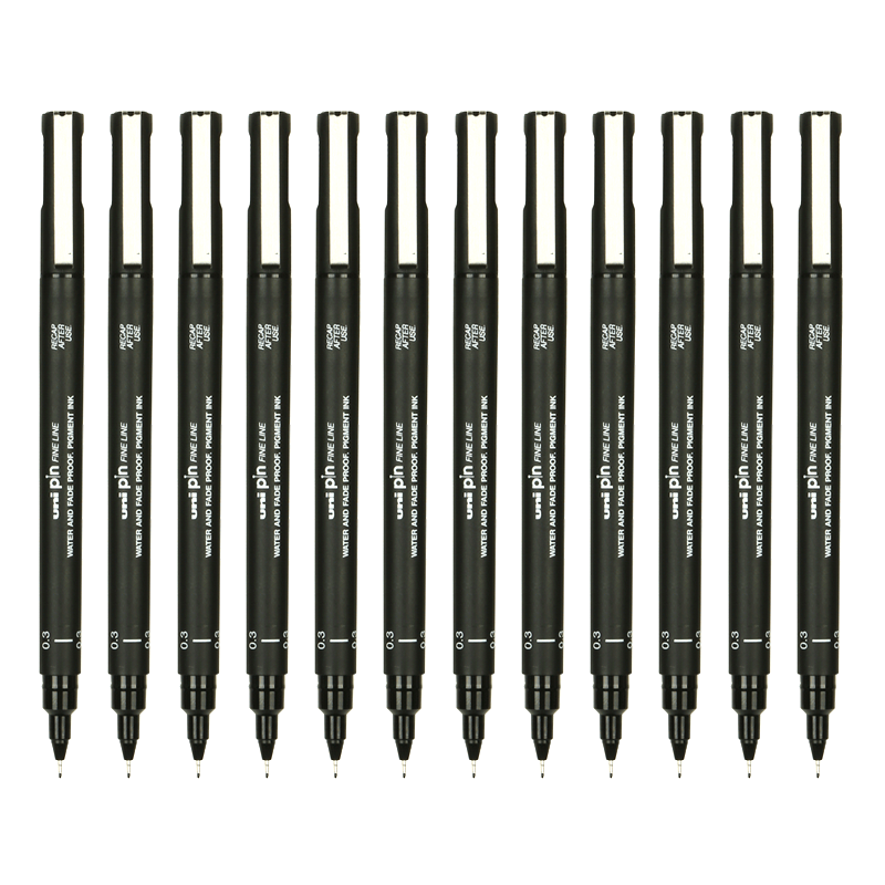 Uni Mitsubishi Water-Based Needle Tip Pen, 0.3mm Drawing Pen, Hand-Drawing Needle Tip Pen, Sketching Pen, Outlining Pen PIN-200, Pack of 12