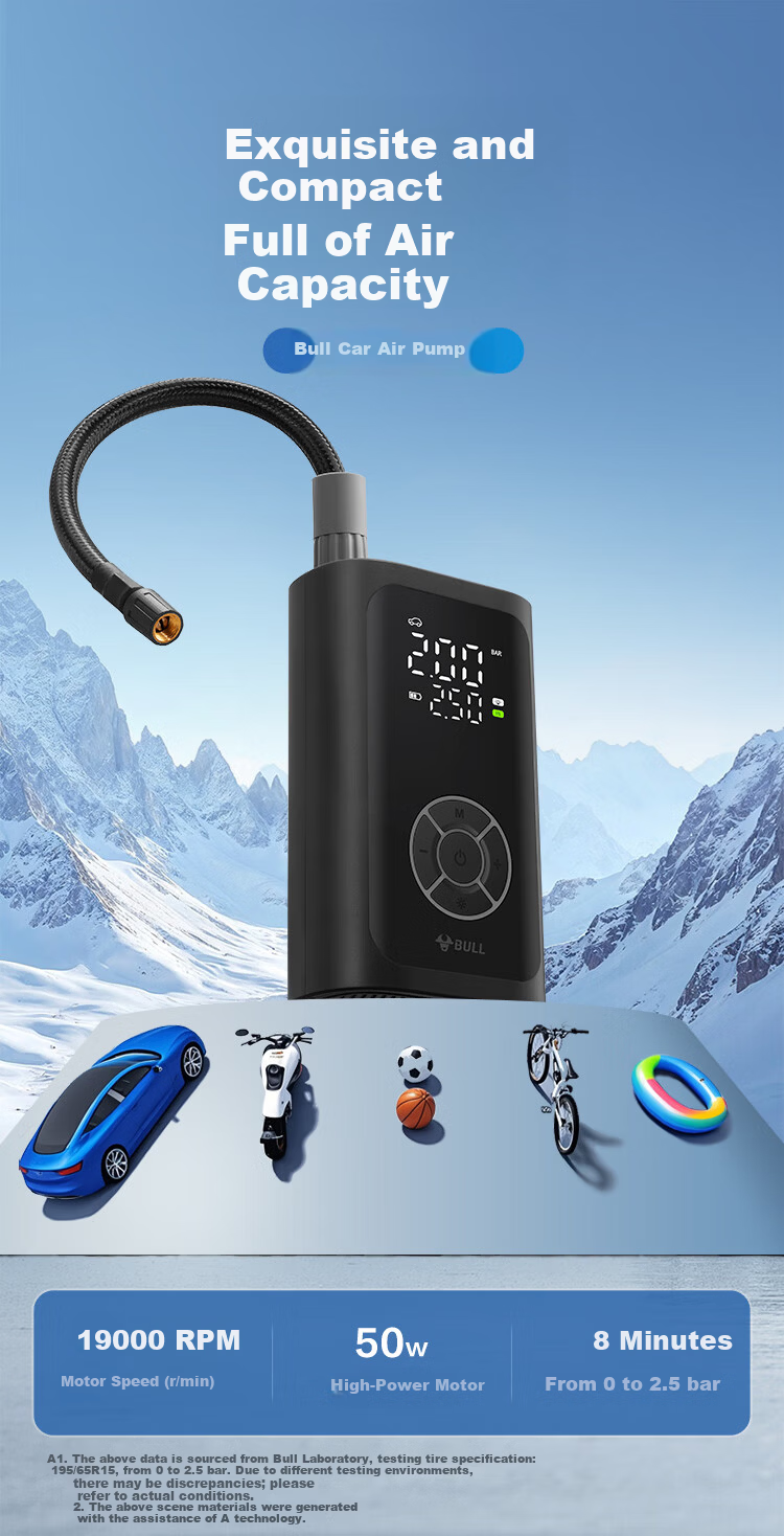 BULL Car Inflator Tire Pressure Monitoring Auto Tire Inflator Bicycle Air Pump 1800mAh*2 1