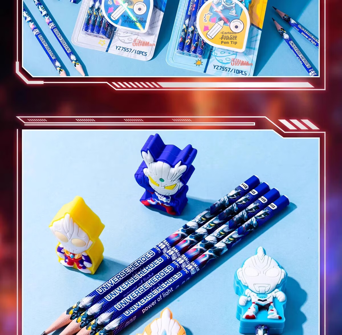 IiGEN Ultraman HB Pencil Set Learning Stationery Ultraman Pencil Eraser Grade 1-2 Boys Gift Hole Pencil AB Two Colors Random Single Pack 7557 11