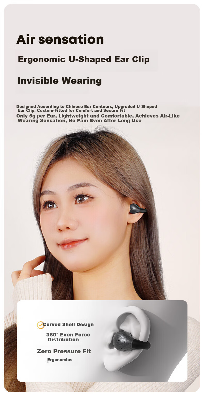 Langston Bluetooth Bone Conduction Clip-On Wireless Open-Ear ENC Noise-Cancelling Call Headphones Black (Pair) 5