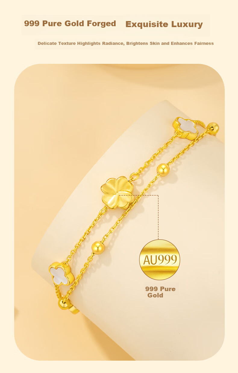Grace Girl Luxury 999 Pure Gold Four-Leaf Clover Agate Bracelet Children's Day Birthday Gift for Girlfriend 6