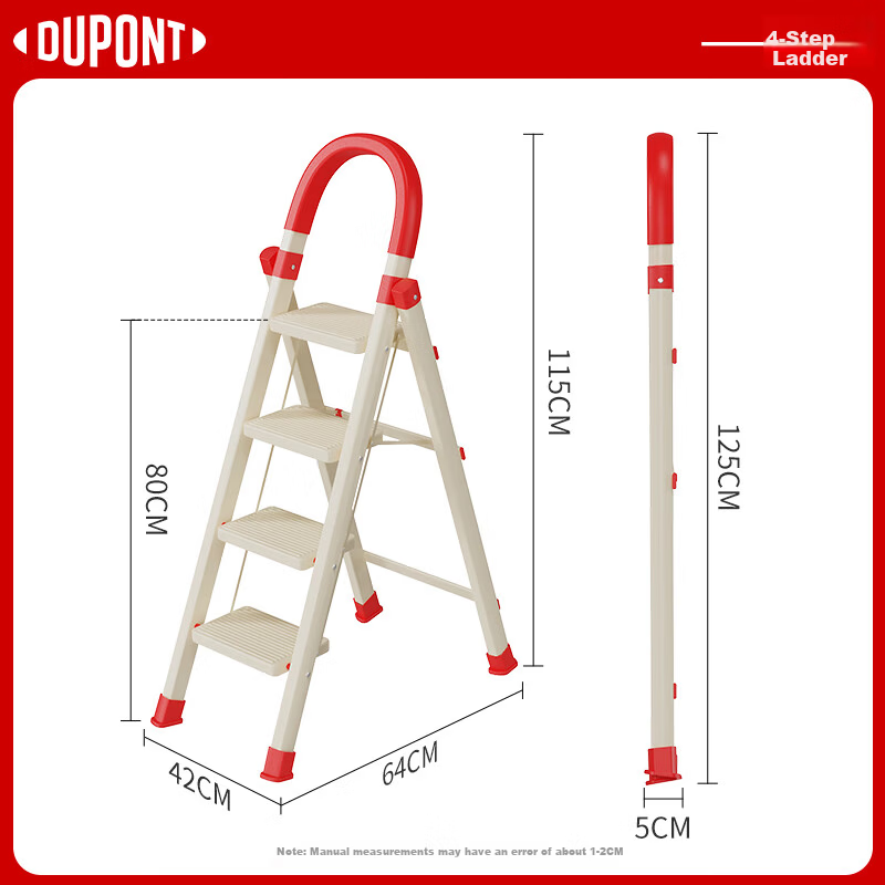 DU PONT Household Folding A-Frame Ladder Indoor Thickened Multi-Functional Safety Step Ladder Red and White 4-Step