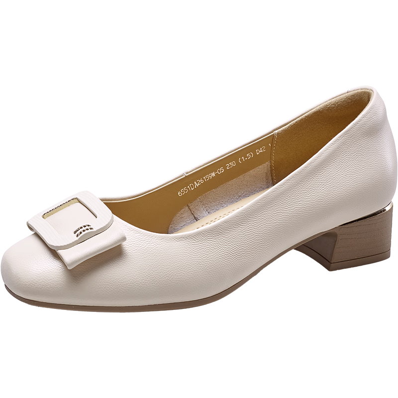 Eierkang Women's Sheepskin Office Commuter Low-Cut Single Shoes Elegant Low Heel Fashion Mom Shoes 26159W Off-White Size 39
