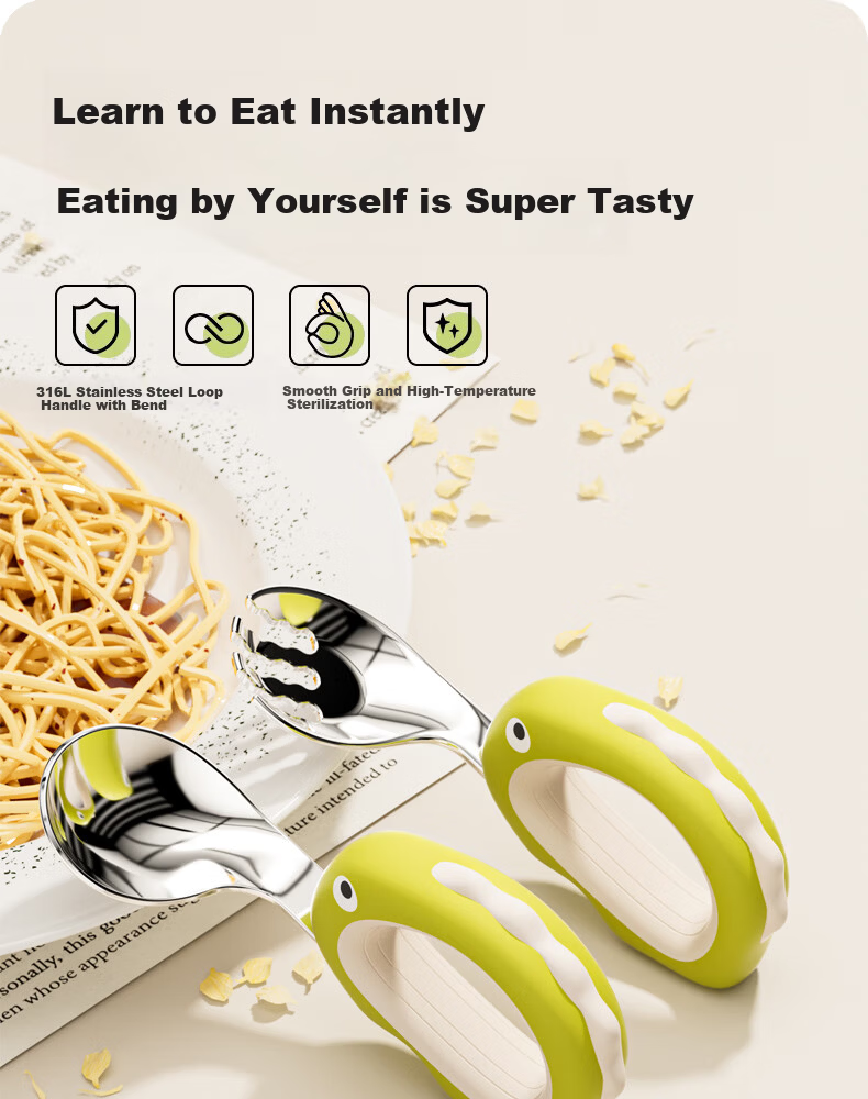 COOKSS Baby Spoon and Training Fork Set 316 Stainless Steel Children's Self-Feeding Utensils 1