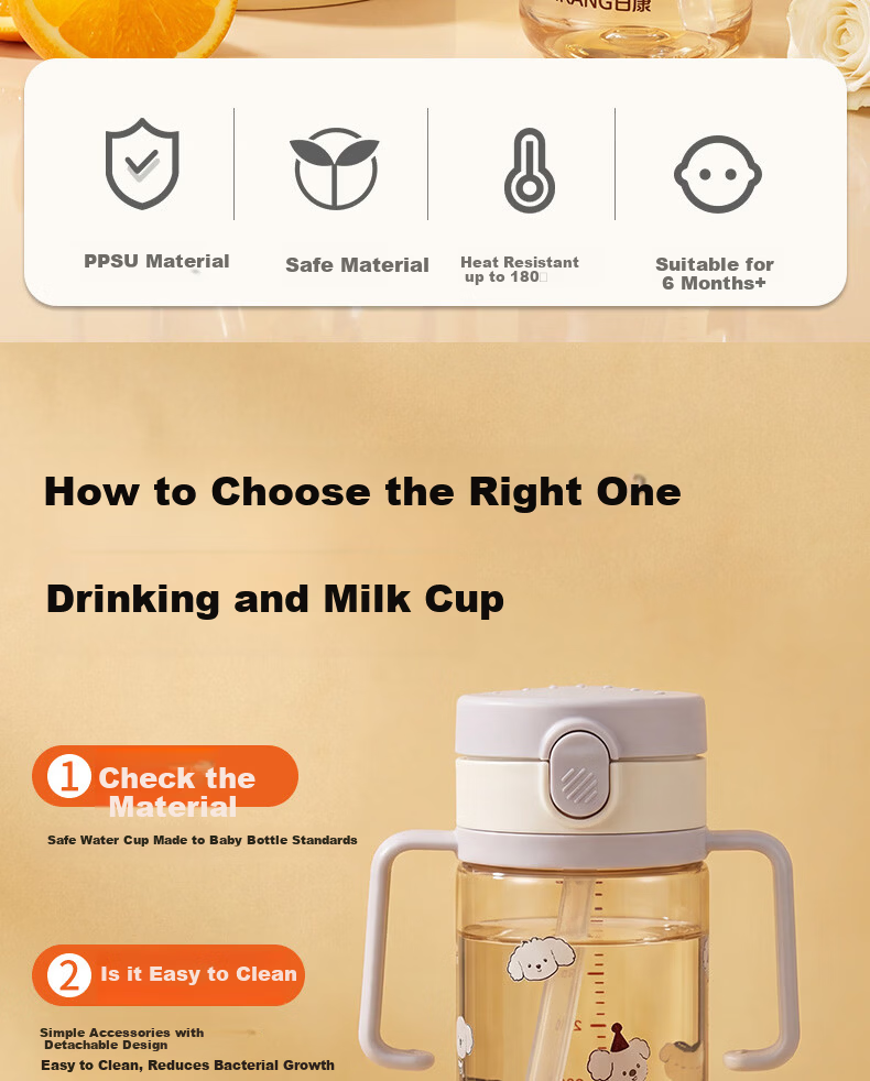 Rikang Children's Water Bottle 1+ Baby Milk Bottle PPSU Direct Drinking Straw Cup 380ml - B1088 Gray 1