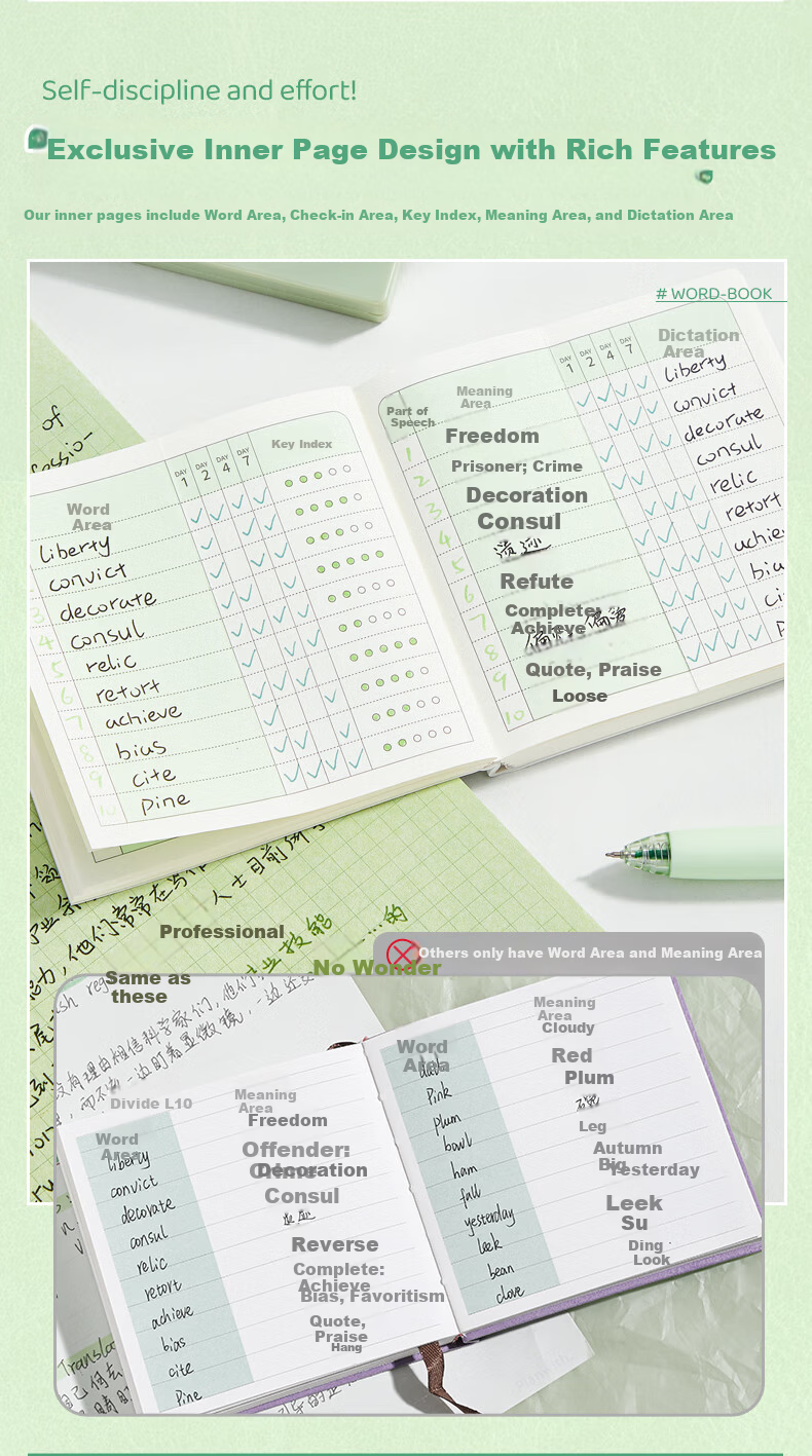 Kaba Bear Ebbinghaus Pocket English Vocabulary Notebook 100 Sheets Junior High and High School Leather Mini Portable Word Memorization Book White 3