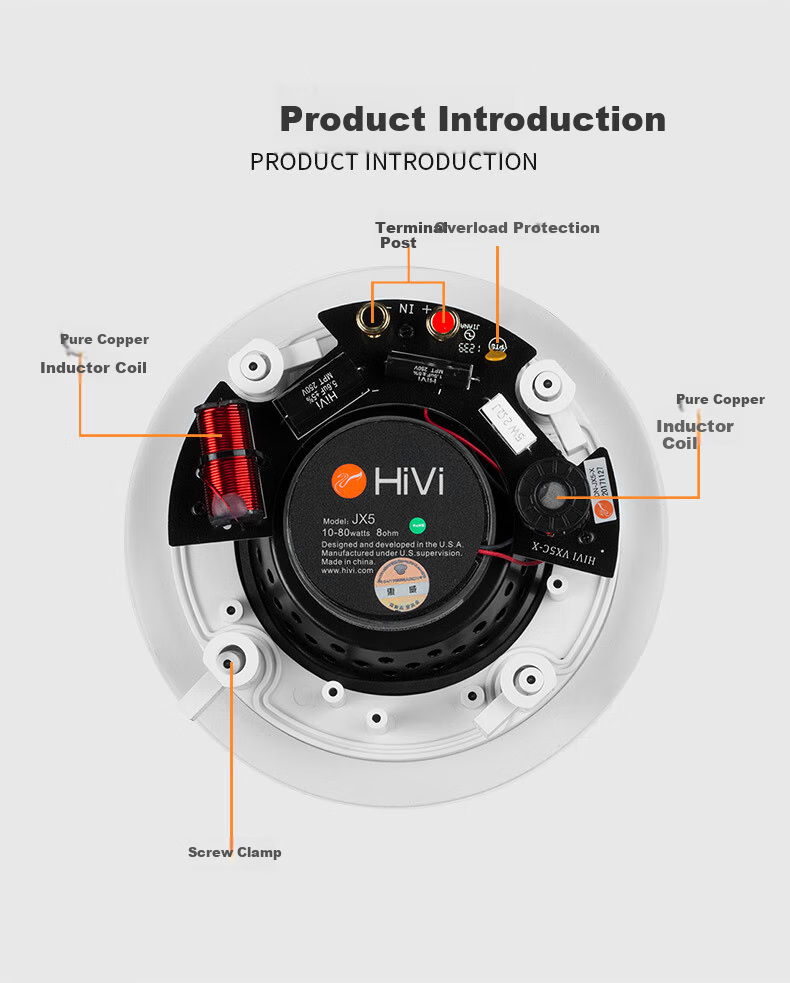 HiVi JX5 Home Theater Fixed Impedance Ceiling Speaker 5-Inch In-Ceiling Ceiling Speaker Background Music Public Address System Conference Speaker (Pair) 4