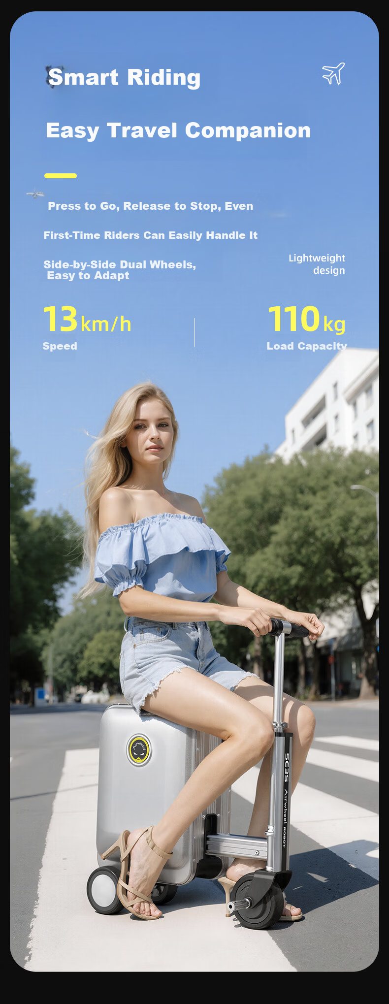 Airwheel Electric Scooter Suitcase, Rideable Smart Luggage with Handle, Can Be Sat On And Used for Transportation, 20-Inch SL Luxury Edition, One Silver 3
