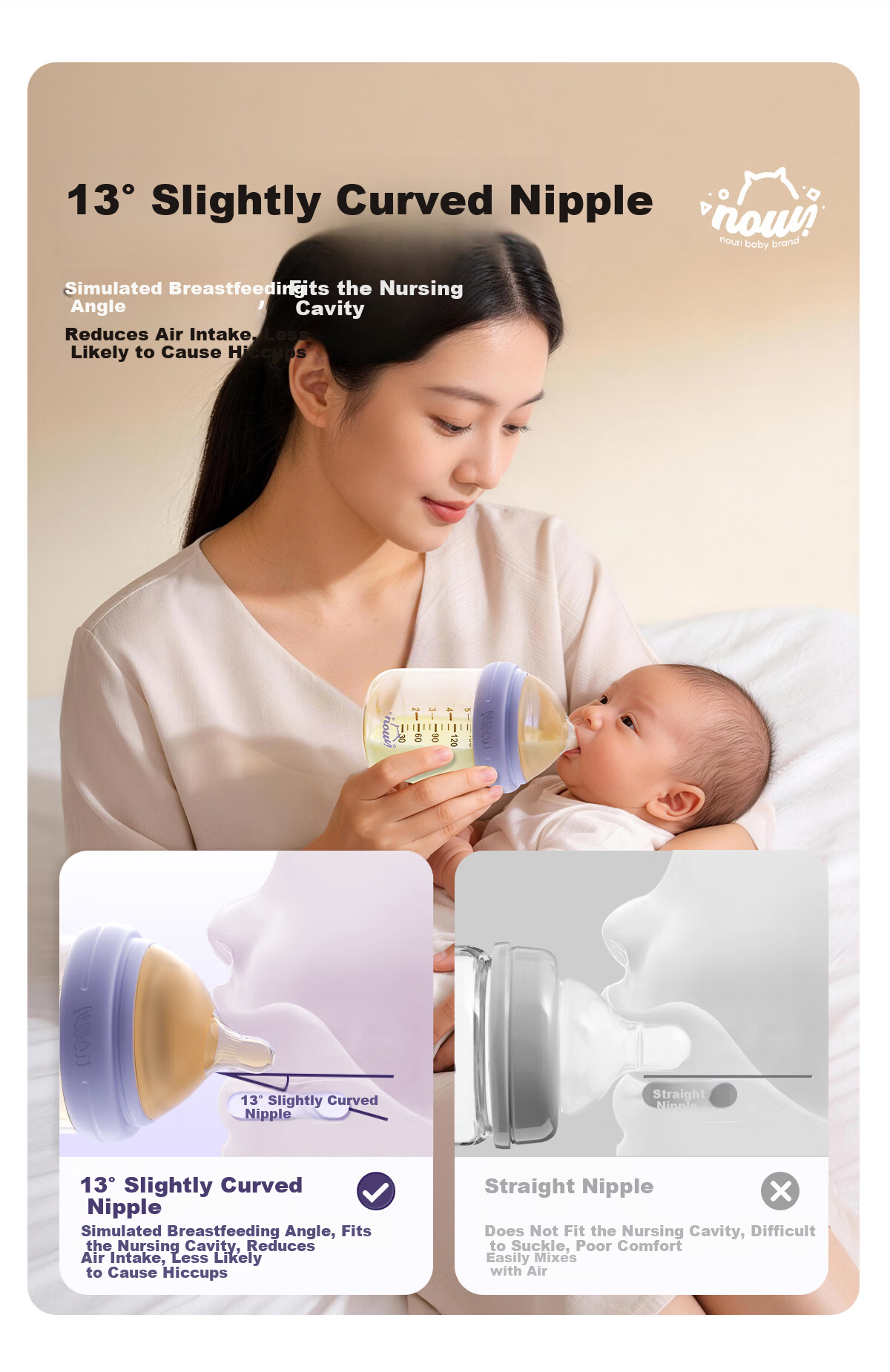 NOURI Newborn Baby Bottle 0-12 Months Anti-Choke Anti-Colic Nipple Feeding Cup PPSU Quiet Purple 240ml 6