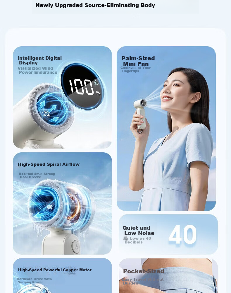 AUX Handheld Portable Mini Fan Long Battery Life Silent USB Small High-Speed Energy-Saving Rechargeable Fan Office 100-Speed Mint Green 3
