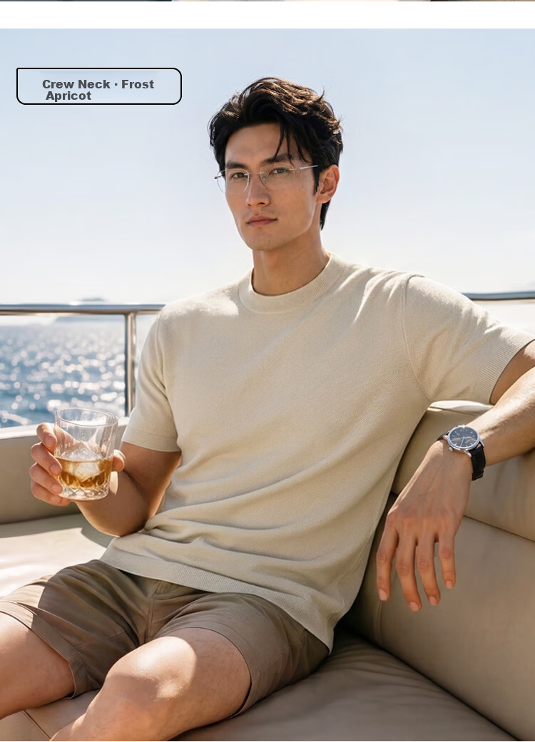 JD Jingzao Men's Premium Short Sleeve T-Shirt Silk Linen Cotton Polo Shirt Mulberry Silk Summer New Father's Day Gift Frost Apricot M 15