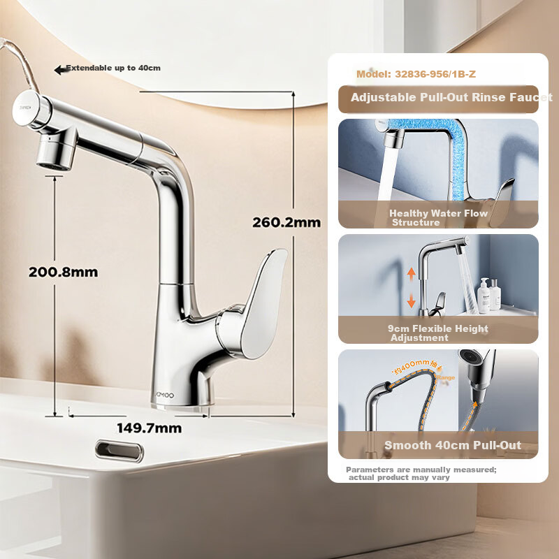 JOMOO Hot and Cold Basin Faucet with Adjustable Pull-Out Spout, 3-Mode Spray for Face Washing and Hand Washing, Bathroom Sink Tap 32836
