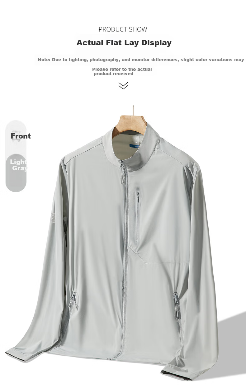 ROMON Men's Summer Thin Quick-Dry Ice Silk Breathable Stand Collar Executive Jacket Quick-Dry Coat 001 Light Gray L 10