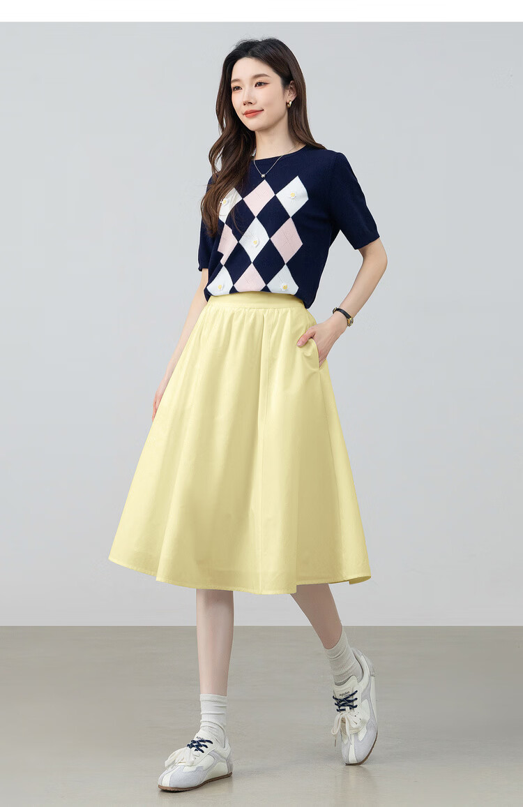 Shangdu Bila Pear-Shaped Slimming Casual Pleated A-Line Mid-Length Skirt for Women Spring Summer 14