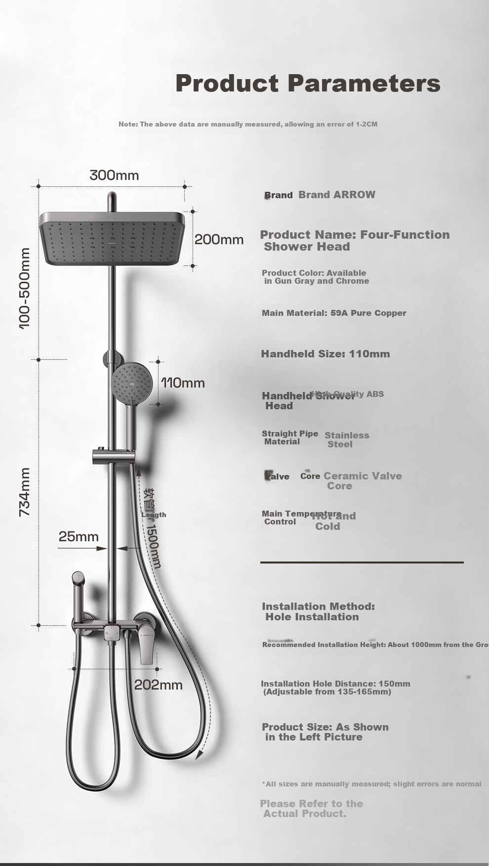 ARROW Gunmetal Gray Shower Set, Solid Brass Main Body, Large Overhead Shower, Handheld Pressurized AE34214SPG 1