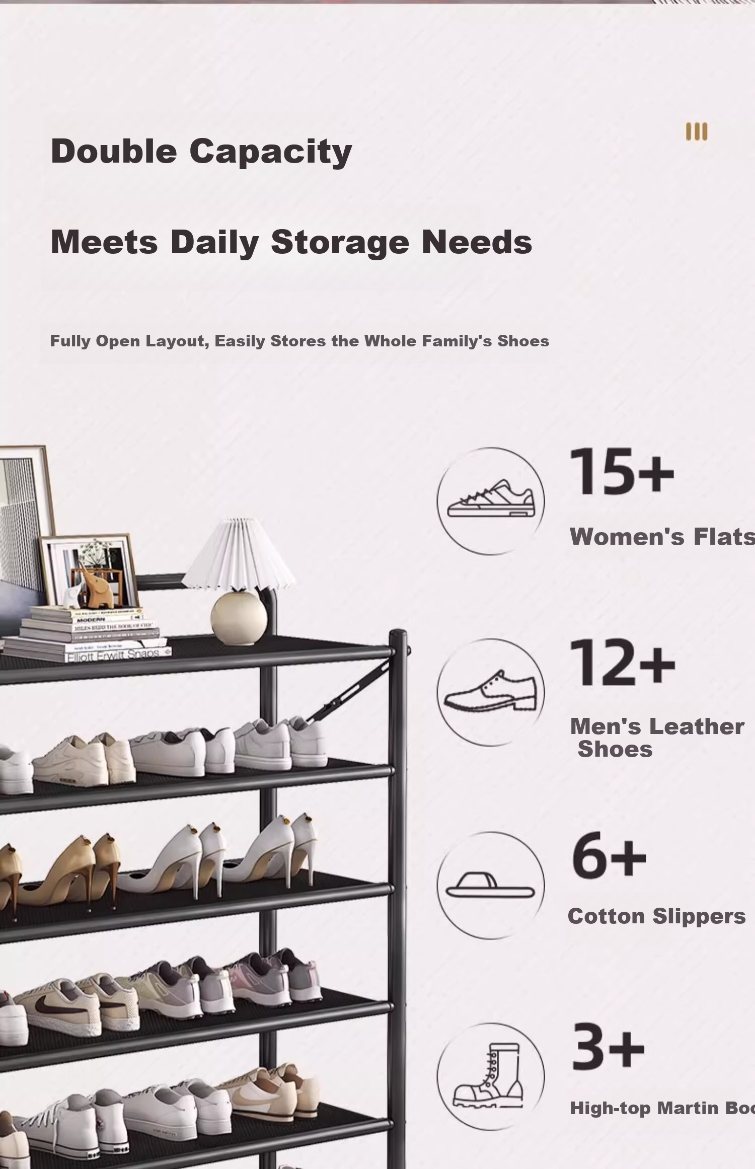 Antjia Foldable Shoe Rack Doorway Shoe Rack Multi-layer Iron Art No-Installation Storage Shelf Black 6-Tier 70cm 7