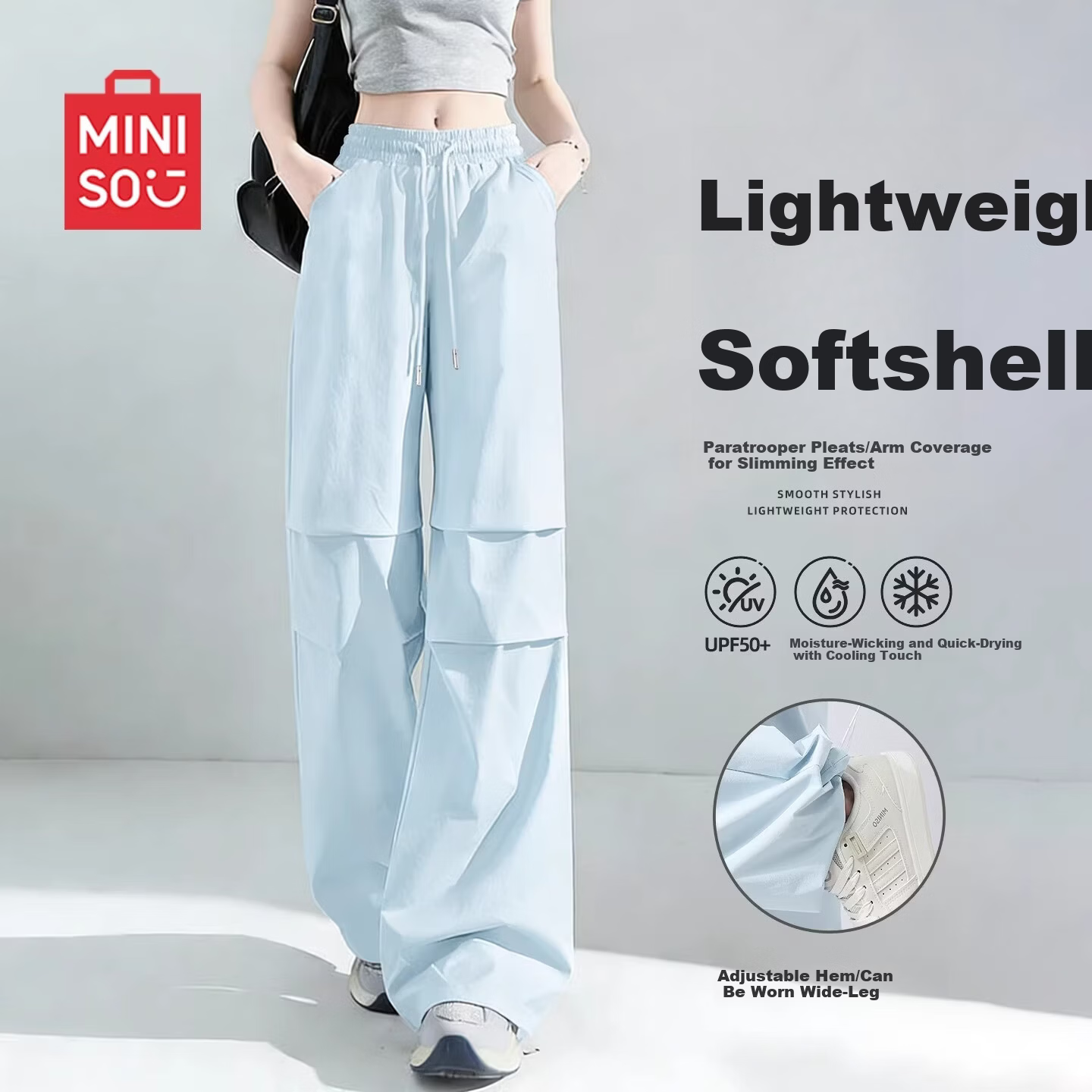 MINISO Women's Wide-Leg Cargo Pants Summer 2026 New Lightweight Quick-Dry Paratrooper Pants American Casual Sports Trousers