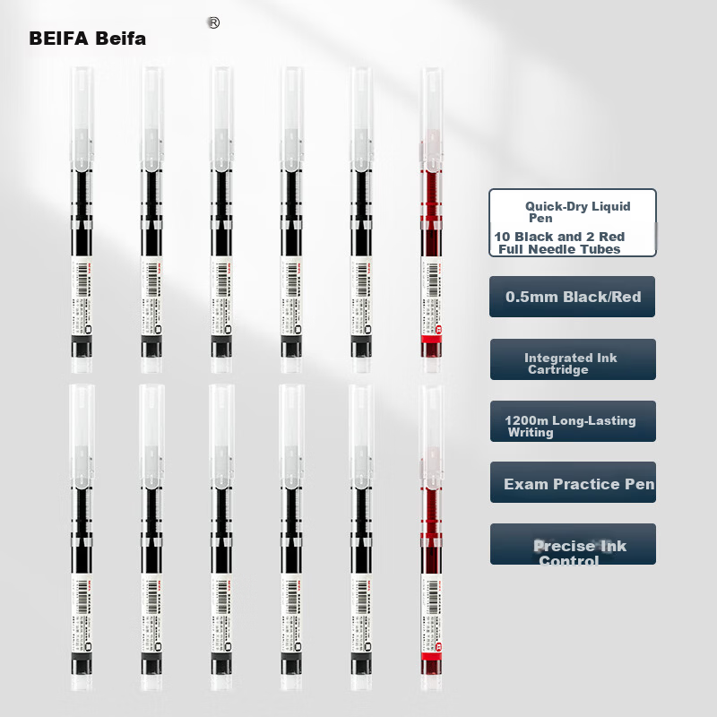 BEIFA 0.5mm Quick-Dry Needle Tip Gel Pen, Direct Ink Rollerball Pen, Exam Practice Pen, Business Office Signature Pen, 10 Black + 2 Red【Back to School Essential】