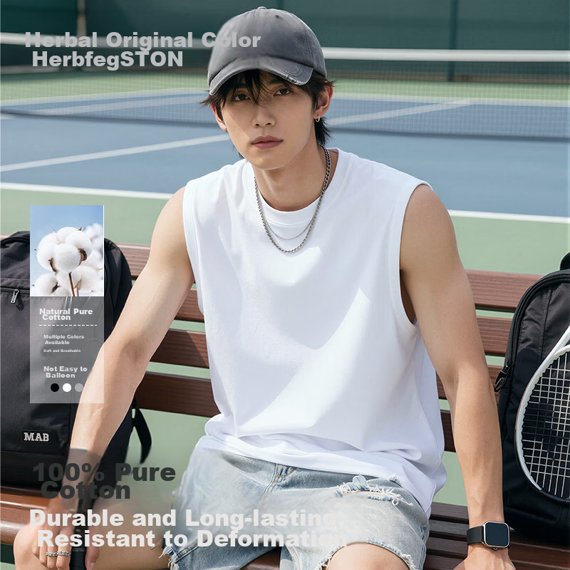 Herbal Original Pure Cotton Men's Summer Vest Loose Fit 100% Heavyweight Sleeveless T-Shirt Base White Basketball Sports Tank Top